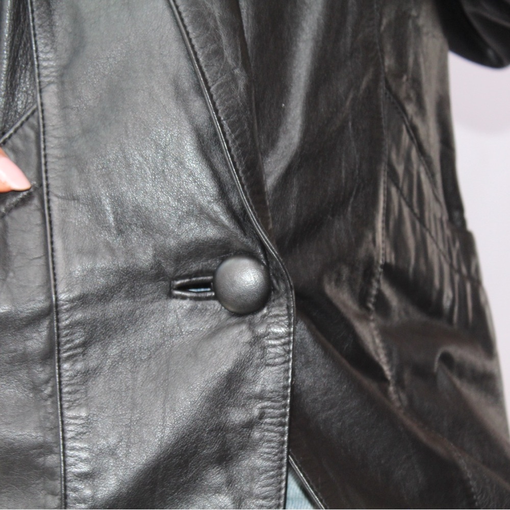 Vintage Women's Black Genuine Leather Jacket Shoulder Padded (Threndzs) - Picture 6 of 9